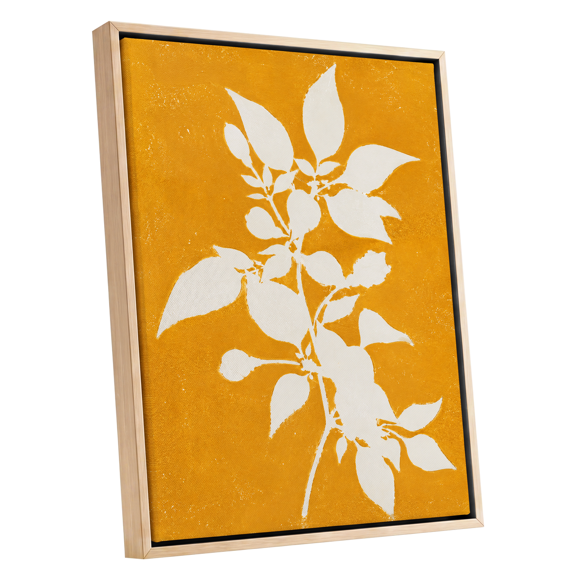 Golden Bough, yellow, orange, white nature wall art shown as a oak framed canvas wall art