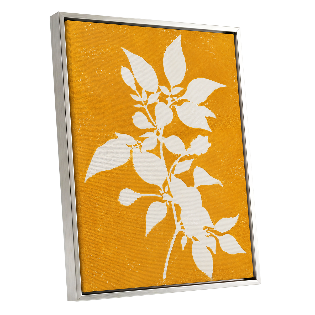 Golden Bough, yellow, orange, white nature wall art shown as a silver framed canvas wall art