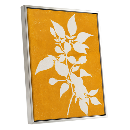 Golden Bough, yellow, orange, white nature wall art shown as a silver framed canvas wall art