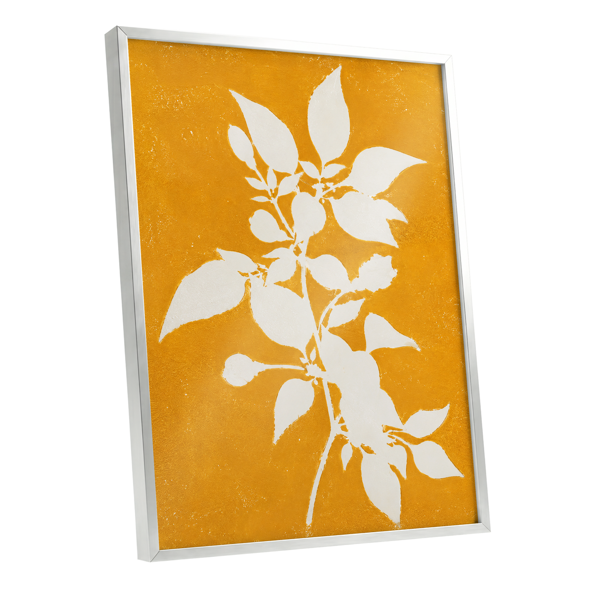 Golden Bough, yellow, orange, white nature wall art shown as a silver framed poster wall art print