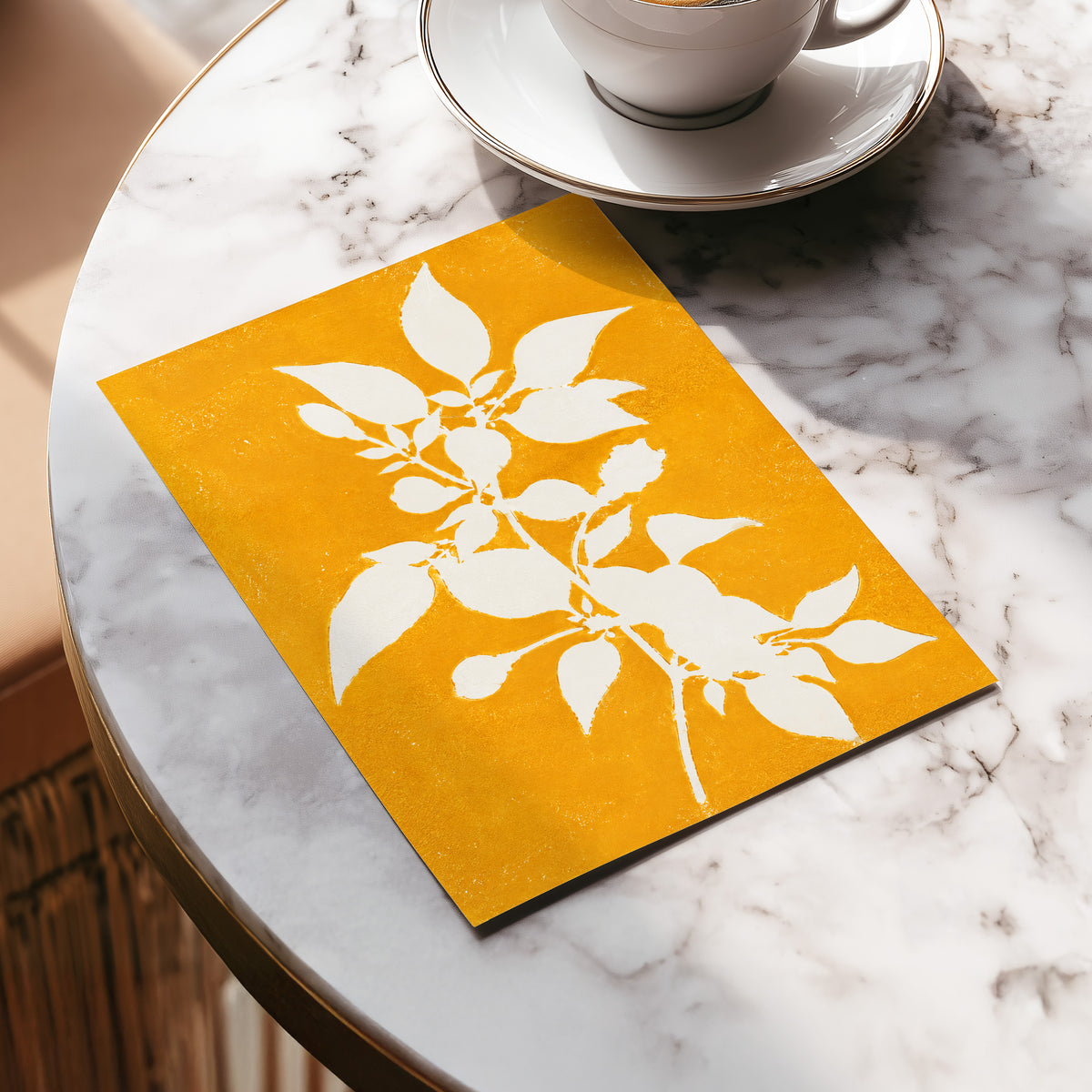 Golden Bough, yellow, orange, white nature wall art displayed in a styled interior, gallery view 5