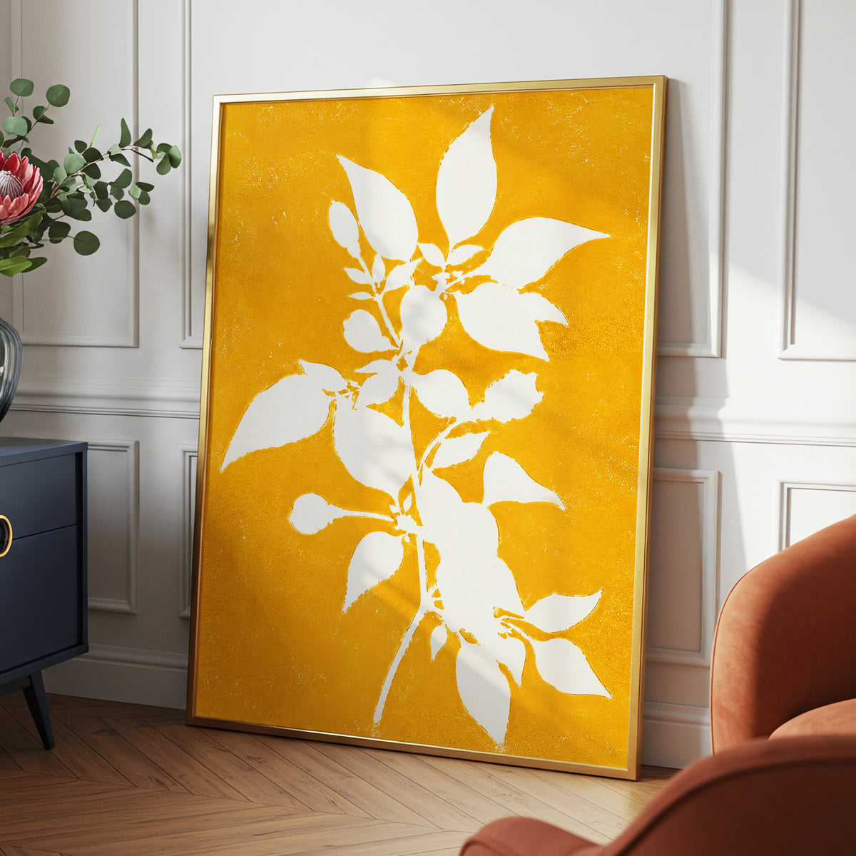 Golden Bough, yellow, orange, white nature wall art displayed in a styled interior, gallery view 6