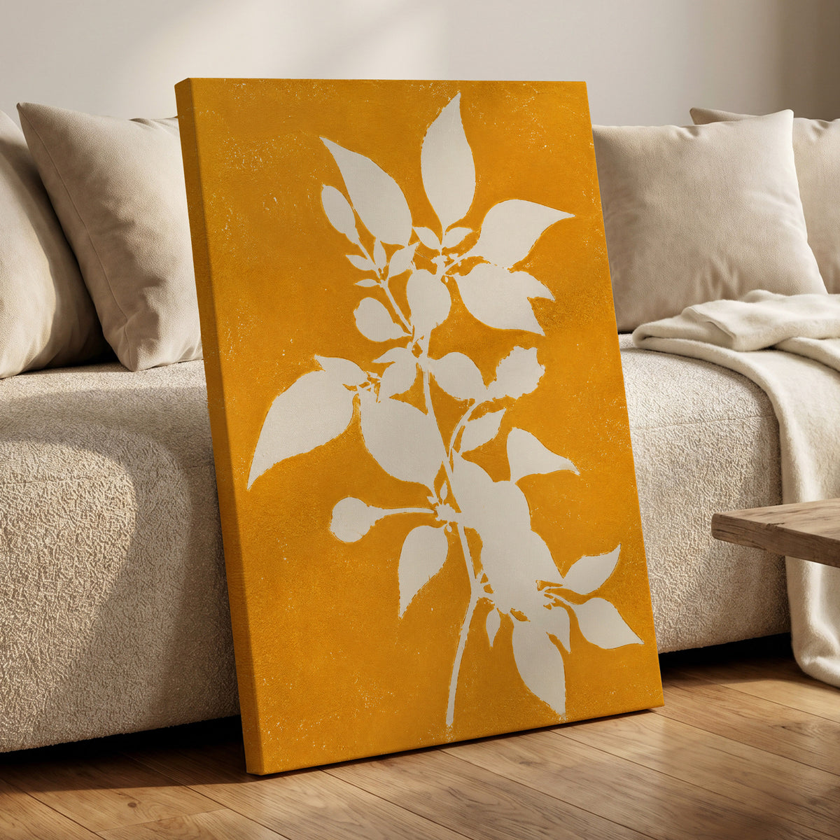 Golden Bough, yellow, orange, white nature wall art displayed in a styled interior, gallery view 7