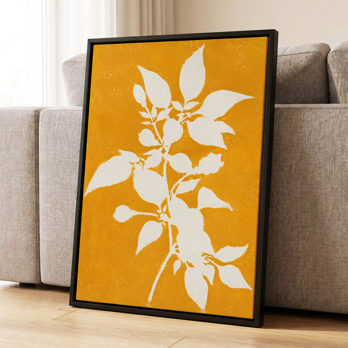 Golden Bough, yellow, orange, white nature wall art displayed in a styled interior, gallery view 8