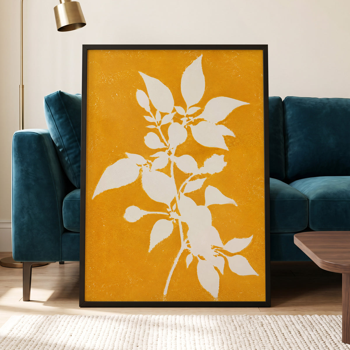 Golden Bough, yellow, orange, white nature wall art displayed in a styled interior, gallery view 9