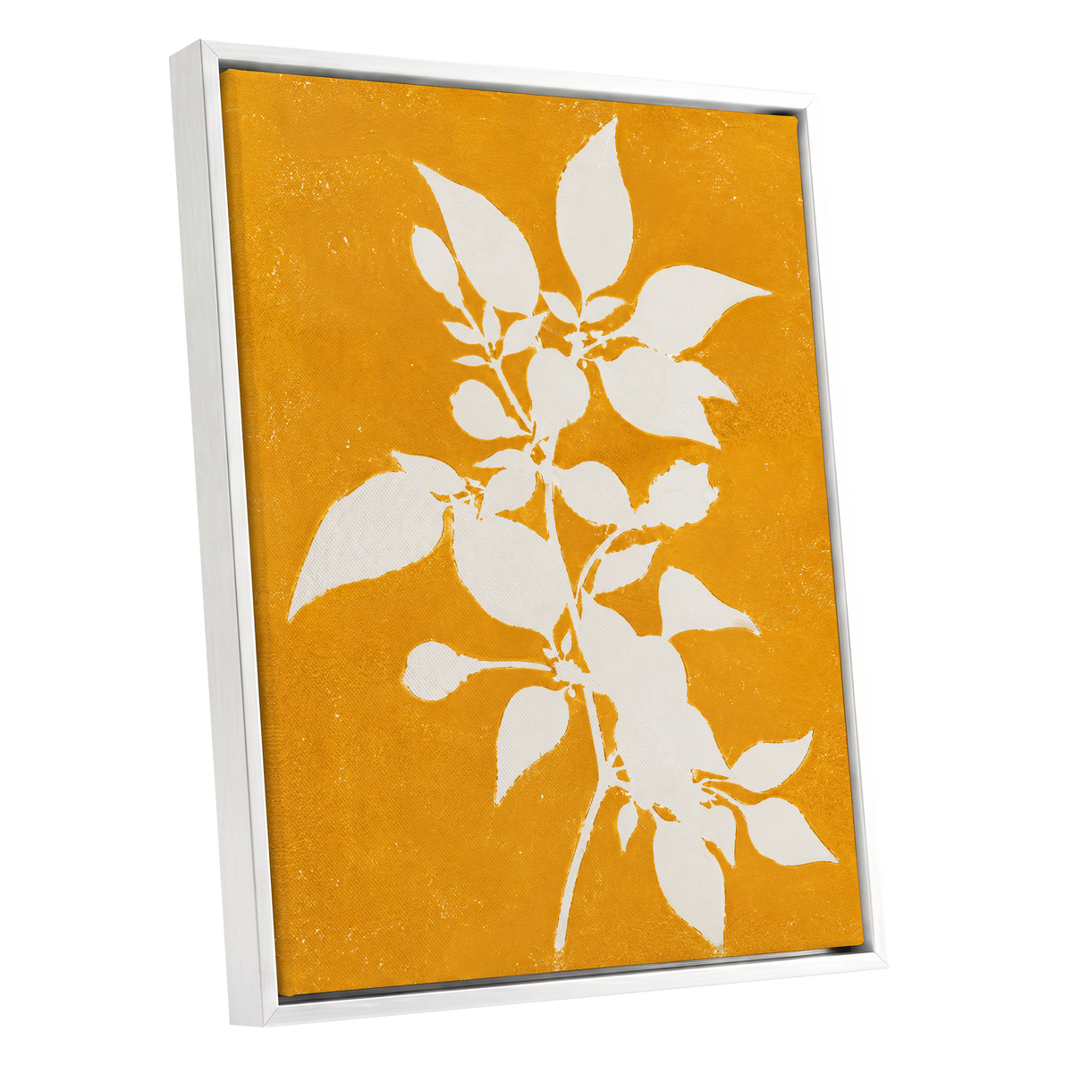 Golden Bough, yellow, orange, white nature wall art shown as a white framed canvas wall art