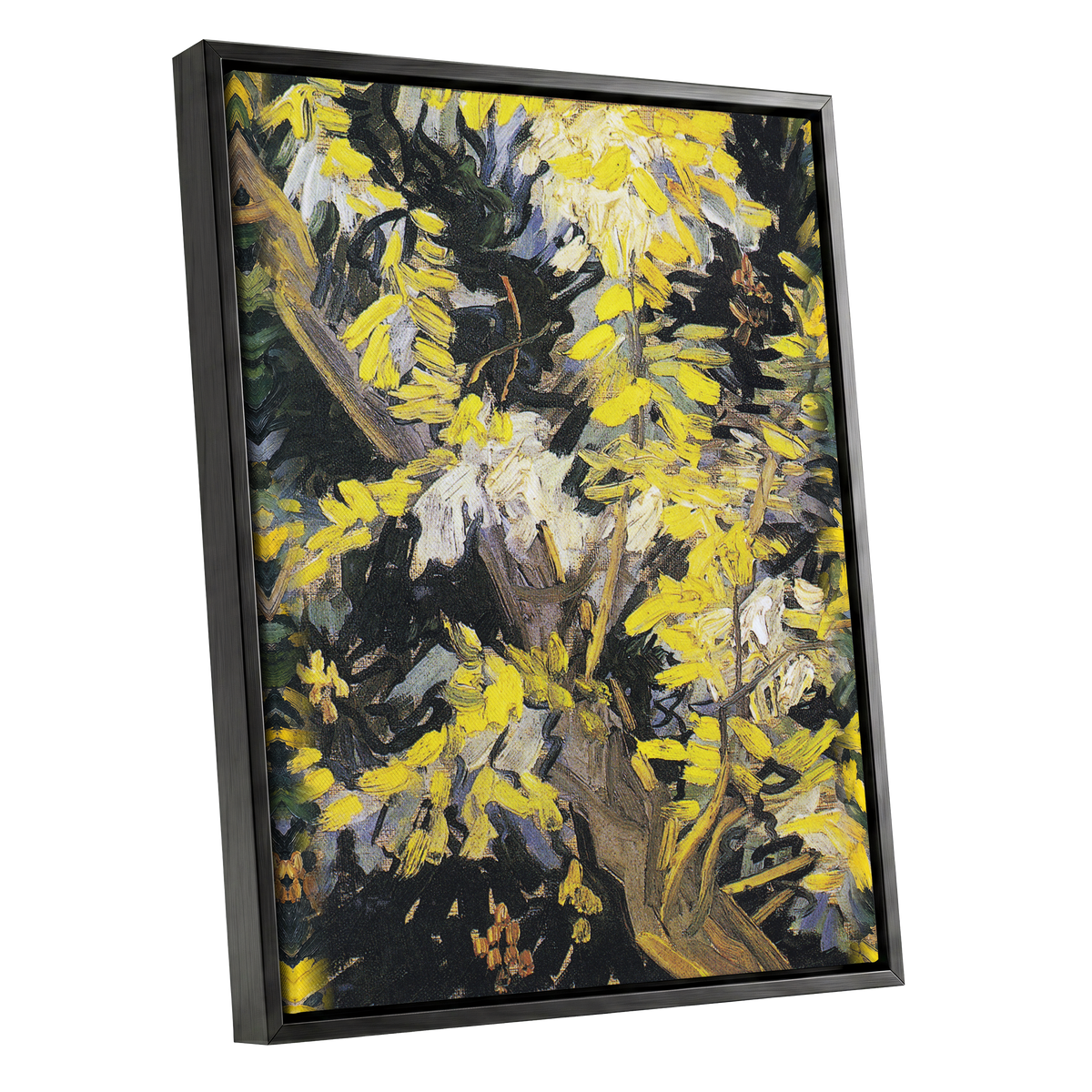 Golden Boughs, yellow, black, brown nature wall art shown as a black framed canvas wall art
