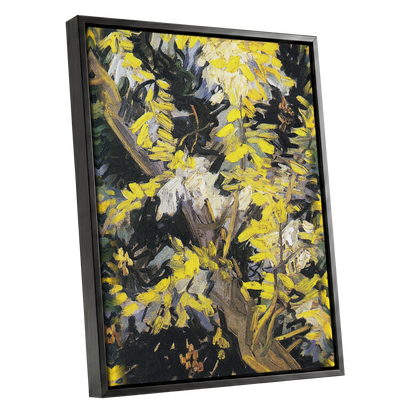 Golden Boughs, yellow, black, brown nature wall art shown as a black framed canvas wall art