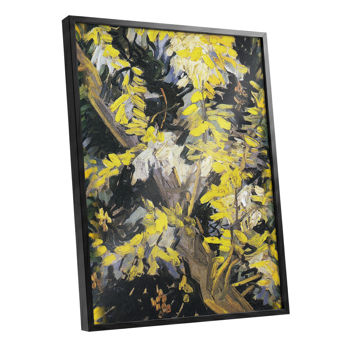 Golden Boughs, yellow, black, brown nature wall art shown as a black framed poster wall art print