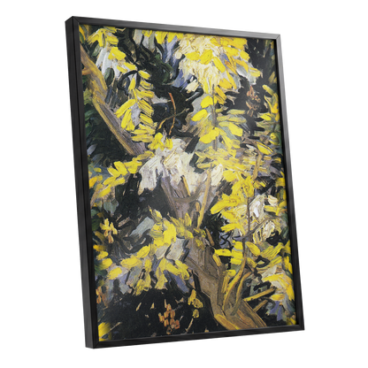 Golden Boughs, yellow, black, brown nature wall art shown as a black framed poster wall art print