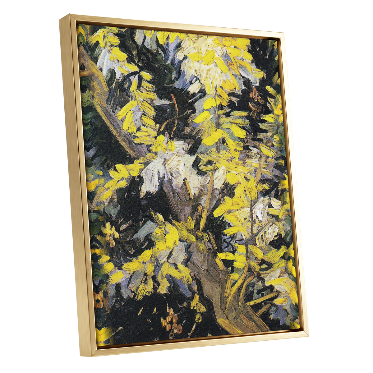 Golden Boughs, yellow, black, brown nature wall art shown as a gold framed canvas wall art