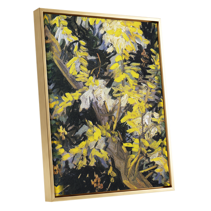 Golden Boughs, yellow, black, brown nature wall art shown as a gold framed canvas wall art