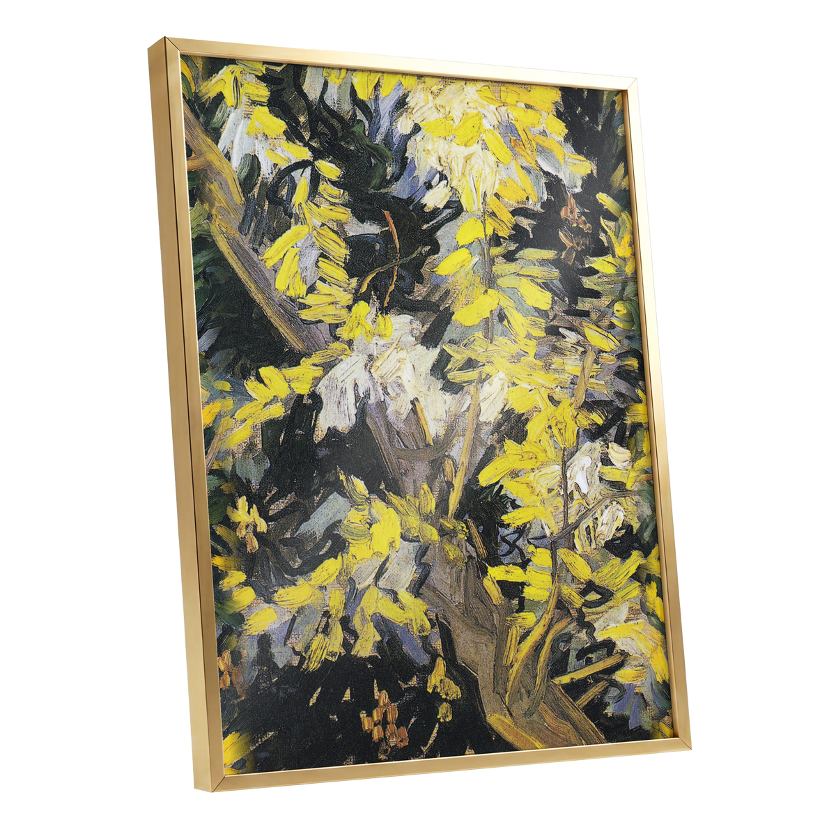 Golden Boughs, yellow, black, brown nature wall art shown as a gold framed poster wall art print
