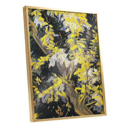 Golden Boughs, yellow, black, brown nature wall art shown as a gold framed poster wall art print
