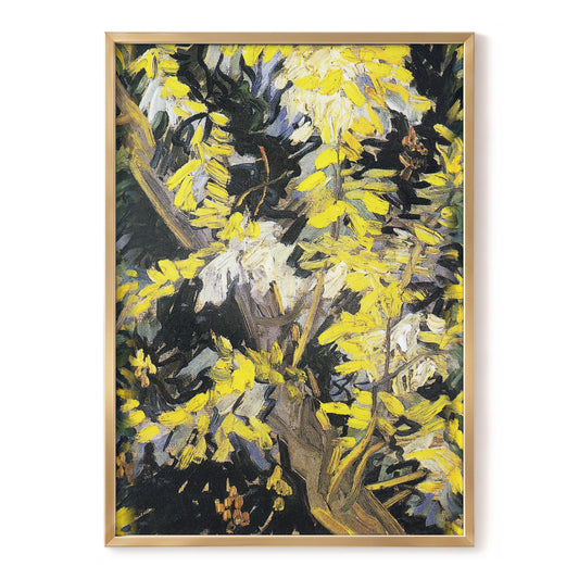 Golden Boughs, yellow, black, brown nature wall art, front artwork view