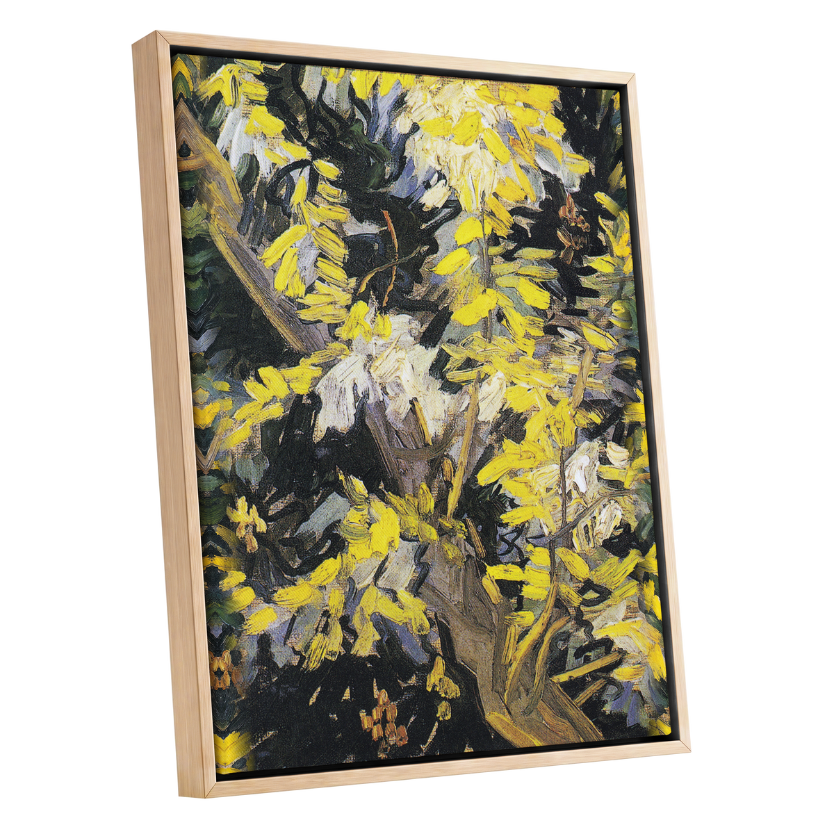 Golden Boughs, yellow, black, brown nature wall art shown as a oak framed canvas wall art
