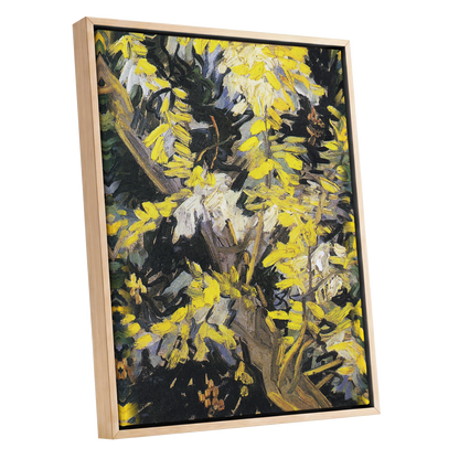 Golden Boughs, yellow, black, brown nature wall art shown as a oak framed canvas wall art