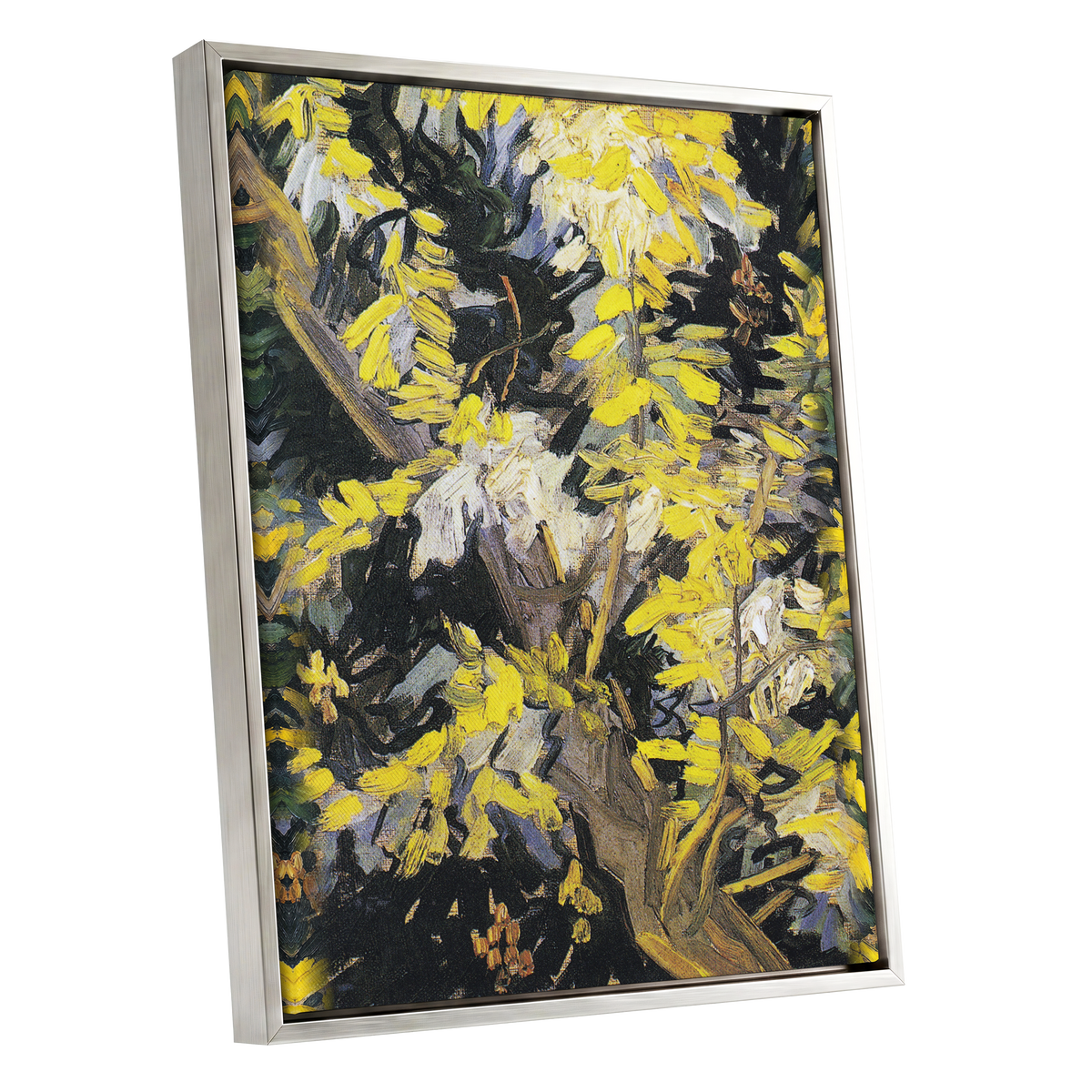 Golden Boughs, yellow, black, brown nature wall art shown as a silver framed canvas wall art
