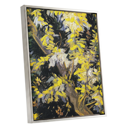 Golden Boughs, yellow, black, brown nature wall art shown as a silver framed canvas wall art