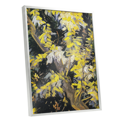 Golden Boughs, yellow, black, brown nature wall art shown as a silver framed poster wall art print