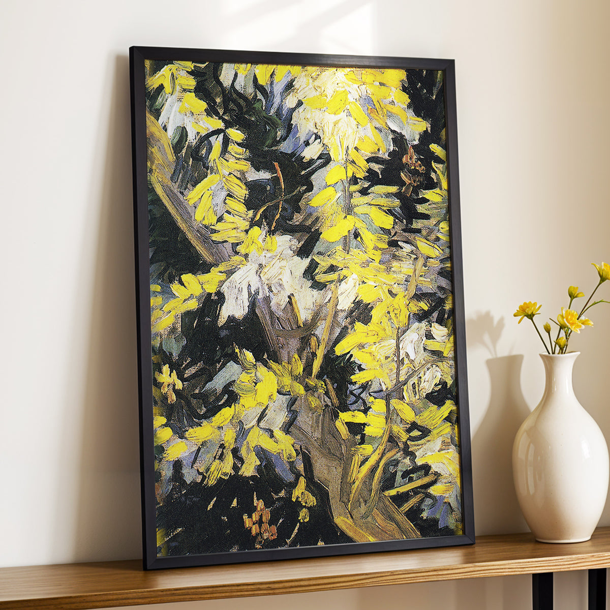 Golden Boughs, yellow, black, brown nature wall art displayed in a styled interior, gallery view 2