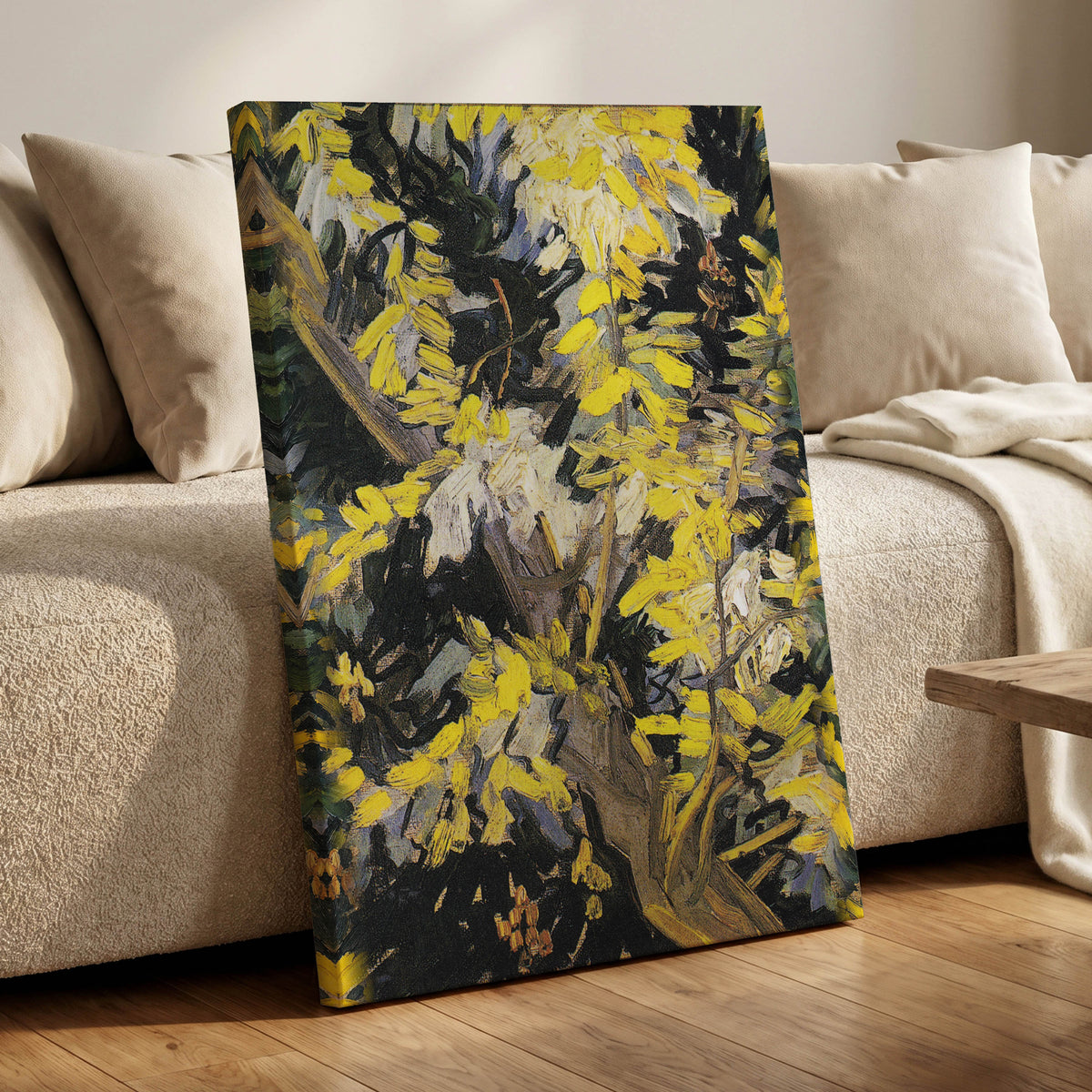 Golden Boughs, yellow, black, brown nature wall art displayed in a styled interior, gallery view 3