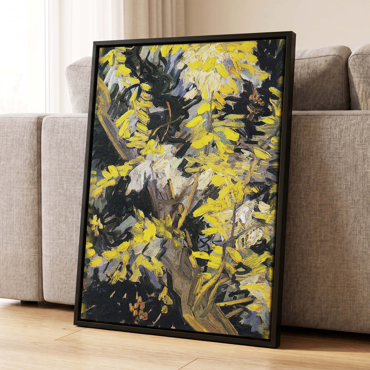 Golden Boughs, yellow, black, brown nature wall art displayed in a styled interior, gallery view 4