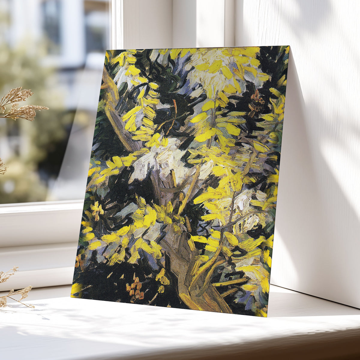 Golden Boughs, yellow, black, brown nature wall art displayed in a styled interior, gallery view 5