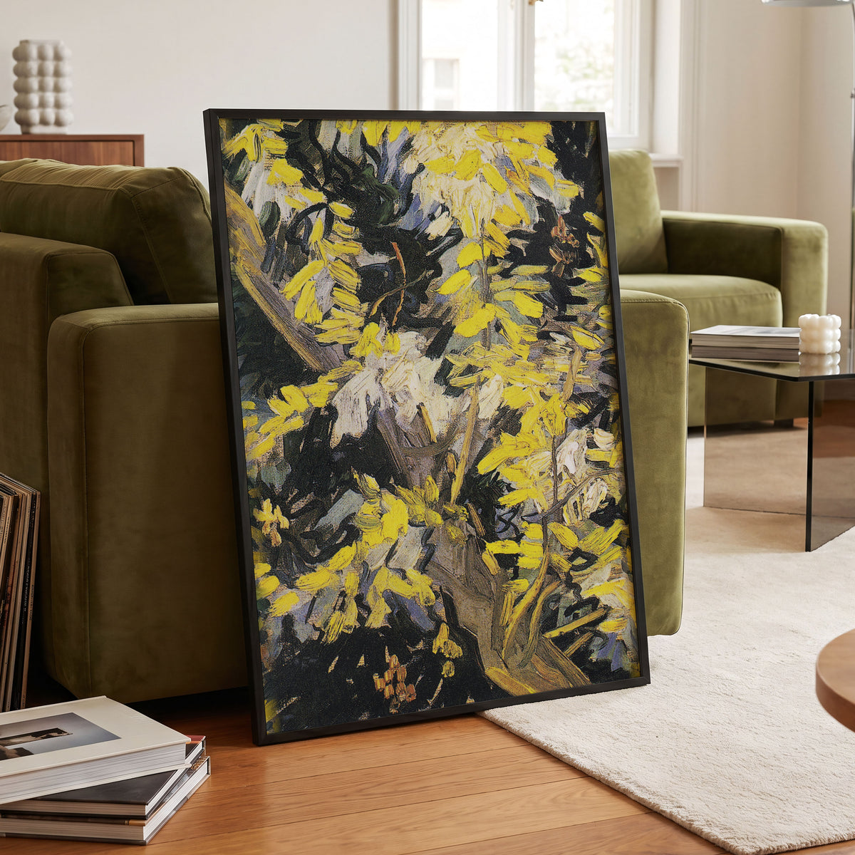Golden Boughs, yellow, black, brown nature wall art displayed in a styled interior, gallery view 6