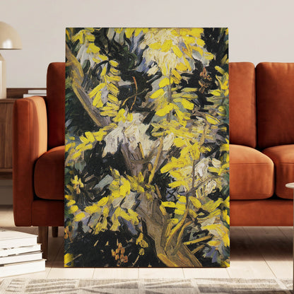 Golden Boughs, yellow, black, brown nature wall art displayed in a styled interior, gallery view 7