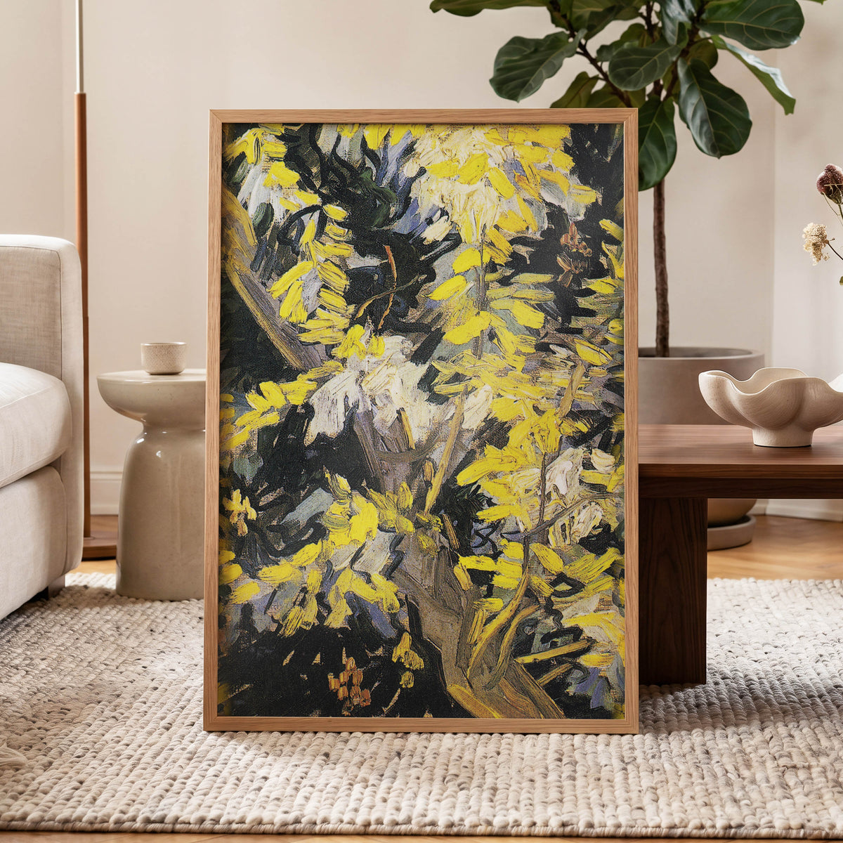 Golden Boughs, yellow, black, brown nature wall art displayed in a styled interior, gallery view 9