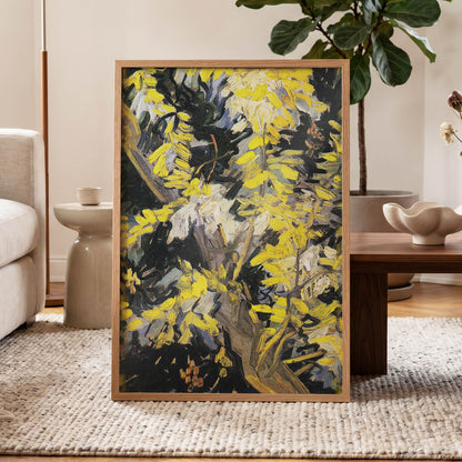 Golden Boughs, yellow, black, brown nature wall art displayed in a styled interior, gallery view 9