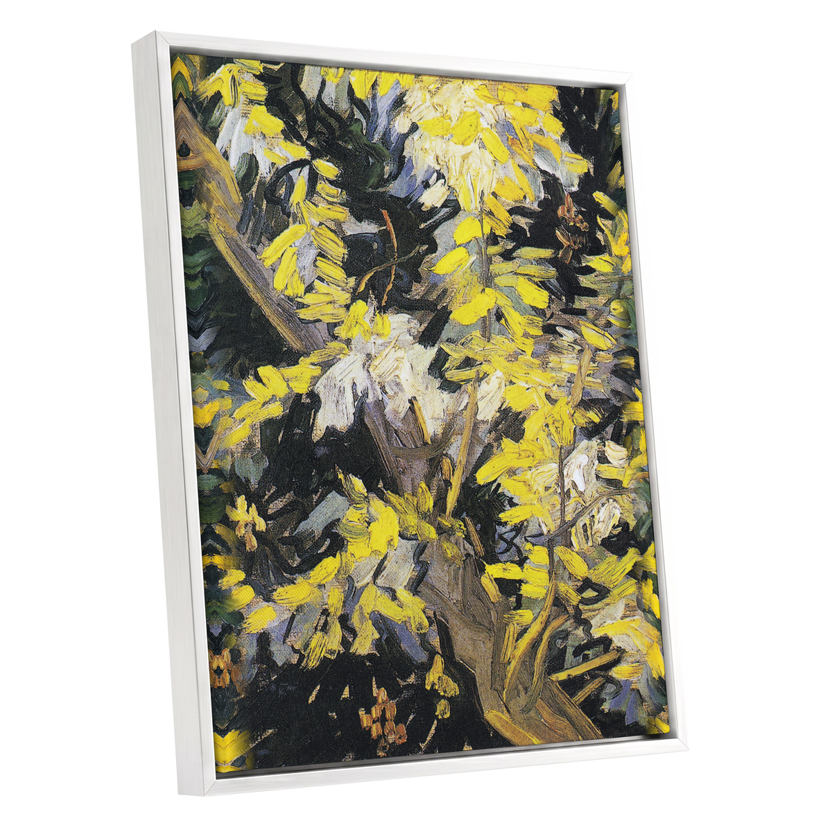 Golden Boughs, yellow, black, brown nature wall art shown as a white framed canvas wall art