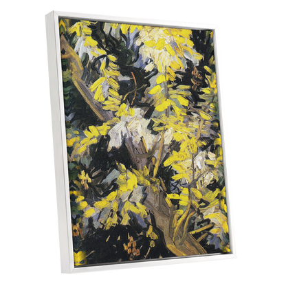Golden Boughs, yellow, black, brown nature wall art shown as a white framed canvas wall art