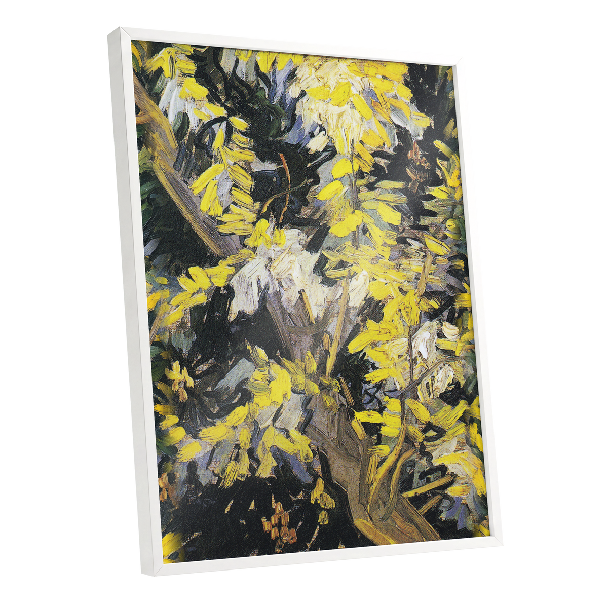 Golden Boughs, yellow, black, brown nature wall art shown as a white framed poster wall art print