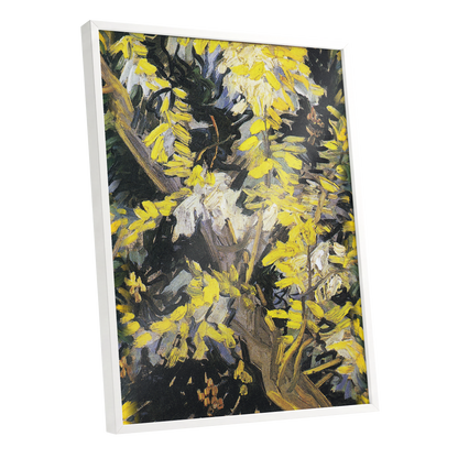 Golden Boughs, yellow, black, brown nature wall art shown as a white framed poster wall art print