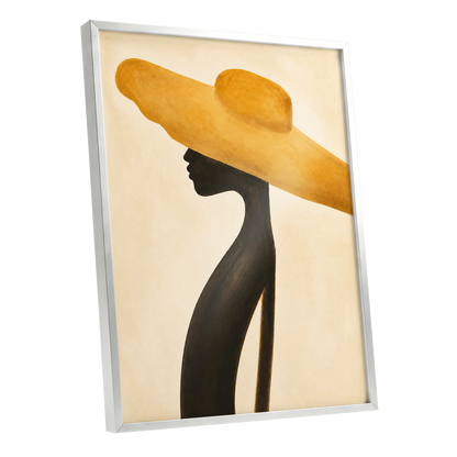 Golden Brim, gold, black, beige minimalist wall art shown as a silver framed poster wall art print
