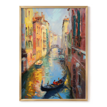 Golden Canal Passage, blue, orange, brown abstract wall art, front artwork view