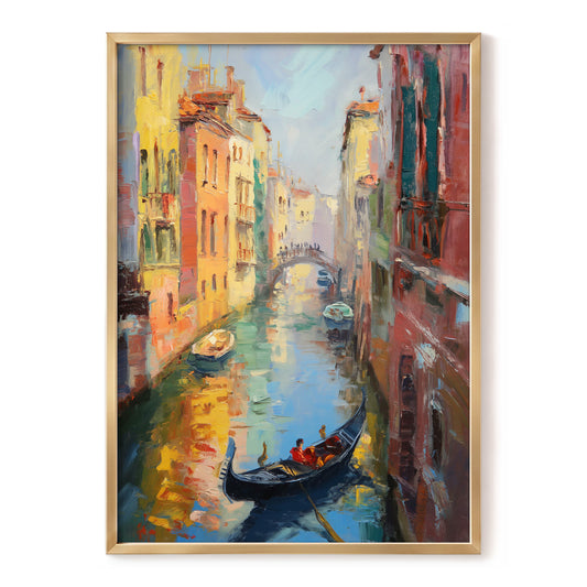 Golden Canal Passage, blue, orange, brown abstract wall art, front artwork view