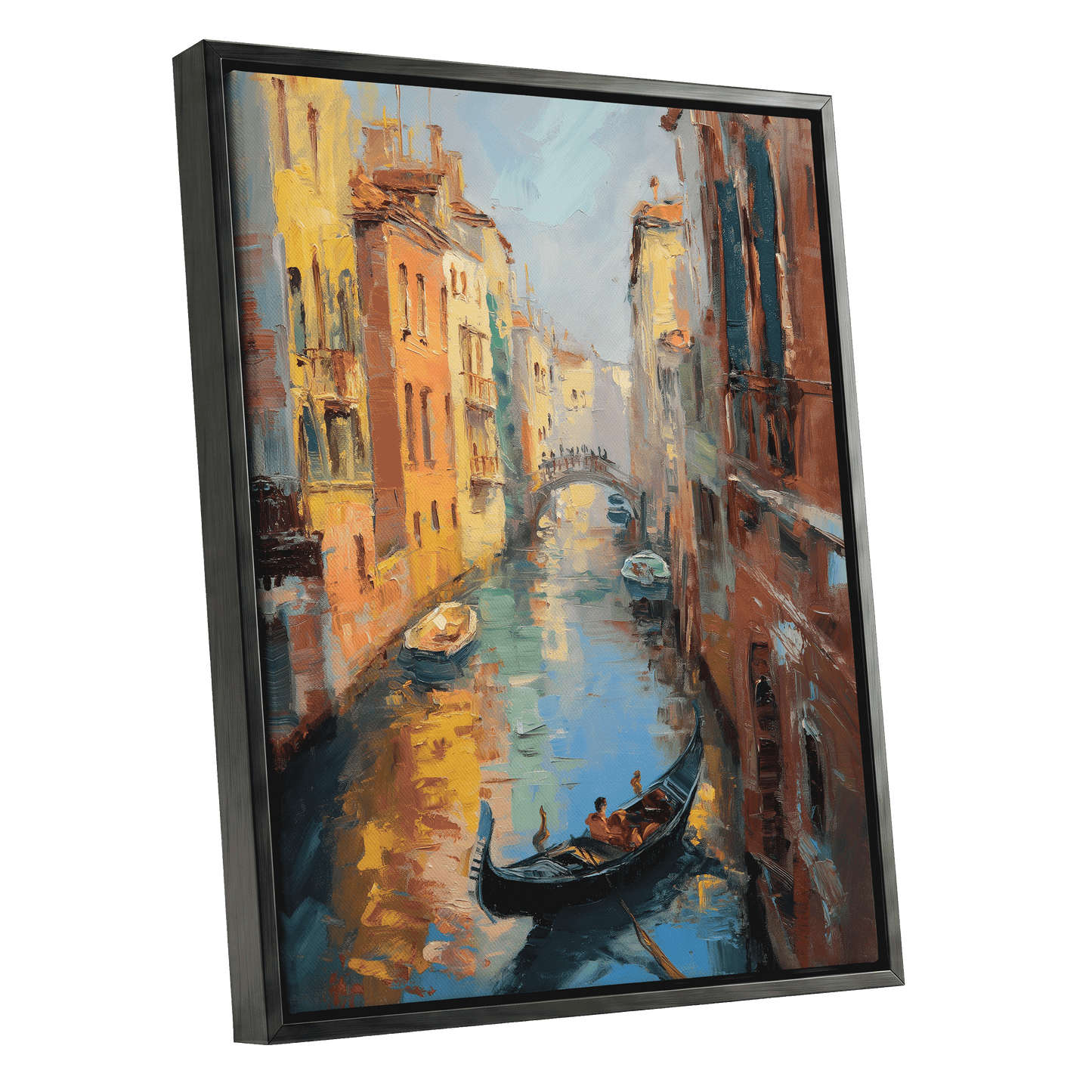 Golden Canal Passage, blue, orange, brown abstract wall art shown as a black framed canvas wall art