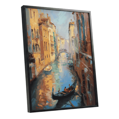 Golden Canal Passage, blue, orange, brown abstract wall art shown as a black framed poster wall art print