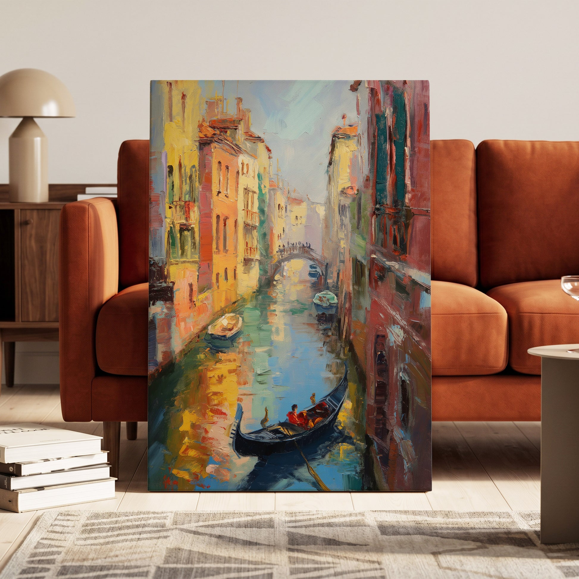 Golden Canal Passage, blue, orange, brown abstract wall art on canvas displayed in a styled interior, gallery view 1