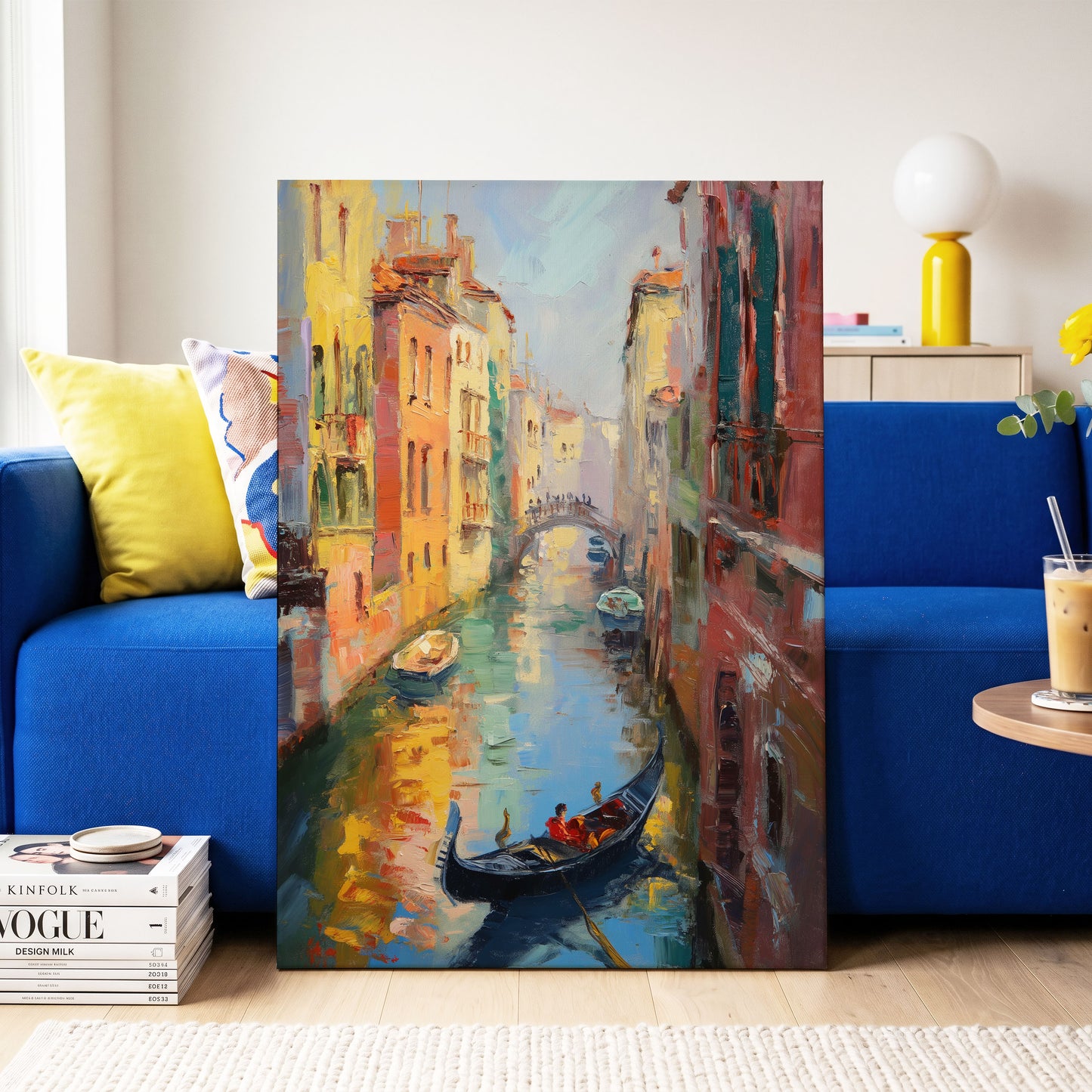Golden Canal Passage, blue, orange, brown abstract wall art on canvas displayed in a styled interior, gallery view 2