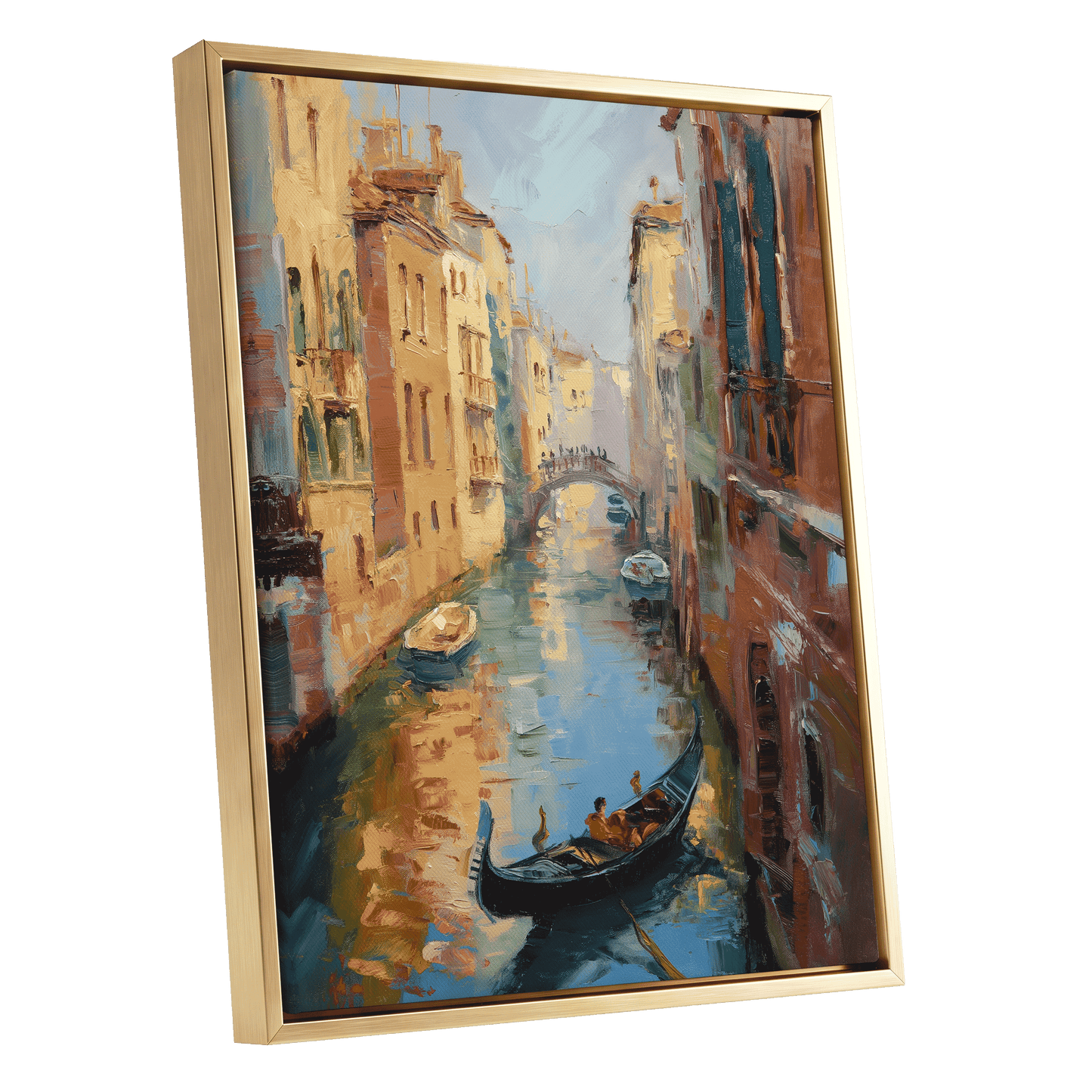 Golden Canal Passage, blue, orange, brown abstract wall art shown as a gold framed canvas wall art