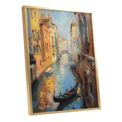 Golden Canal Passage, blue, orange, brown abstract wall art shown as a gold framed poster wall art print