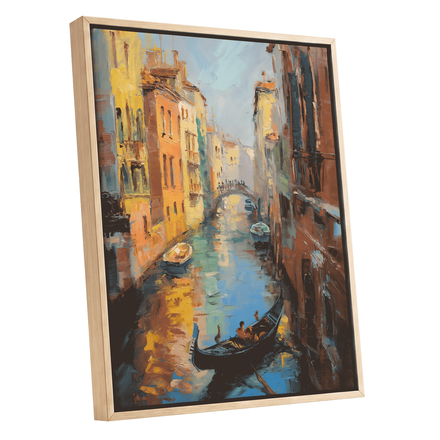Golden Canal Passage, blue, orange, brown abstract wall art shown as a oak framed canvas wall art