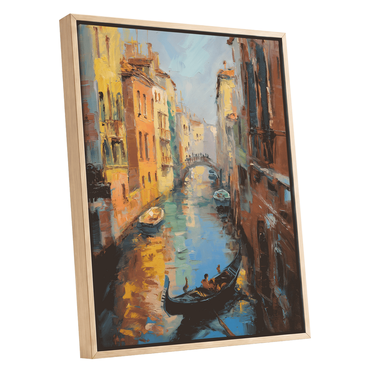 Golden Canal Passage, blue, orange, brown abstract wall art shown as a oak framed canvas wall art