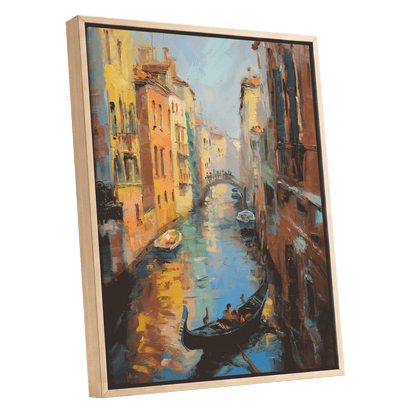 Golden Canal Passage, blue, orange, brown abstract wall art shown as a oak framed canvas wall art