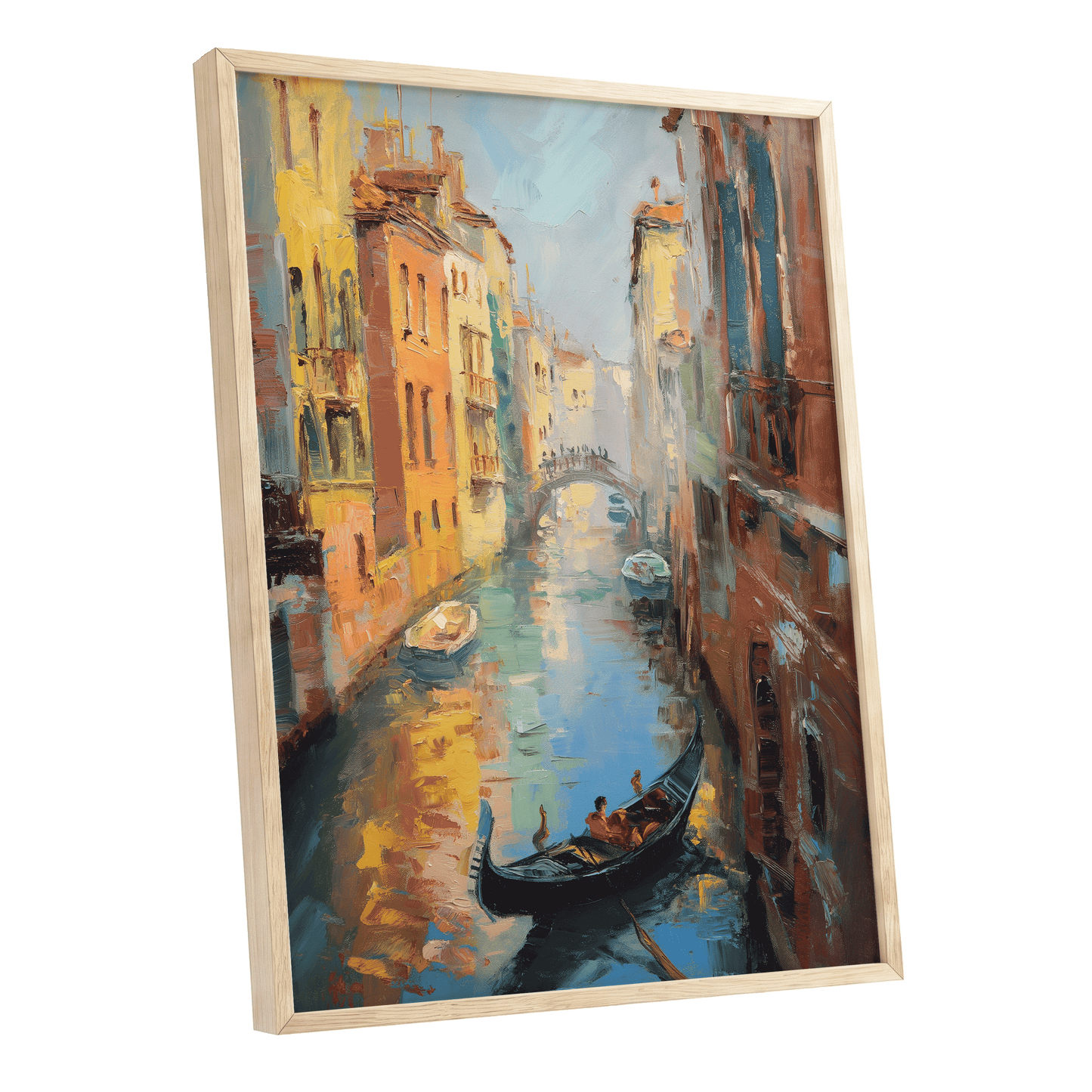 Golden Canal Passage, blue, orange, brown abstract wall art shown as a oak framed poster wall art print