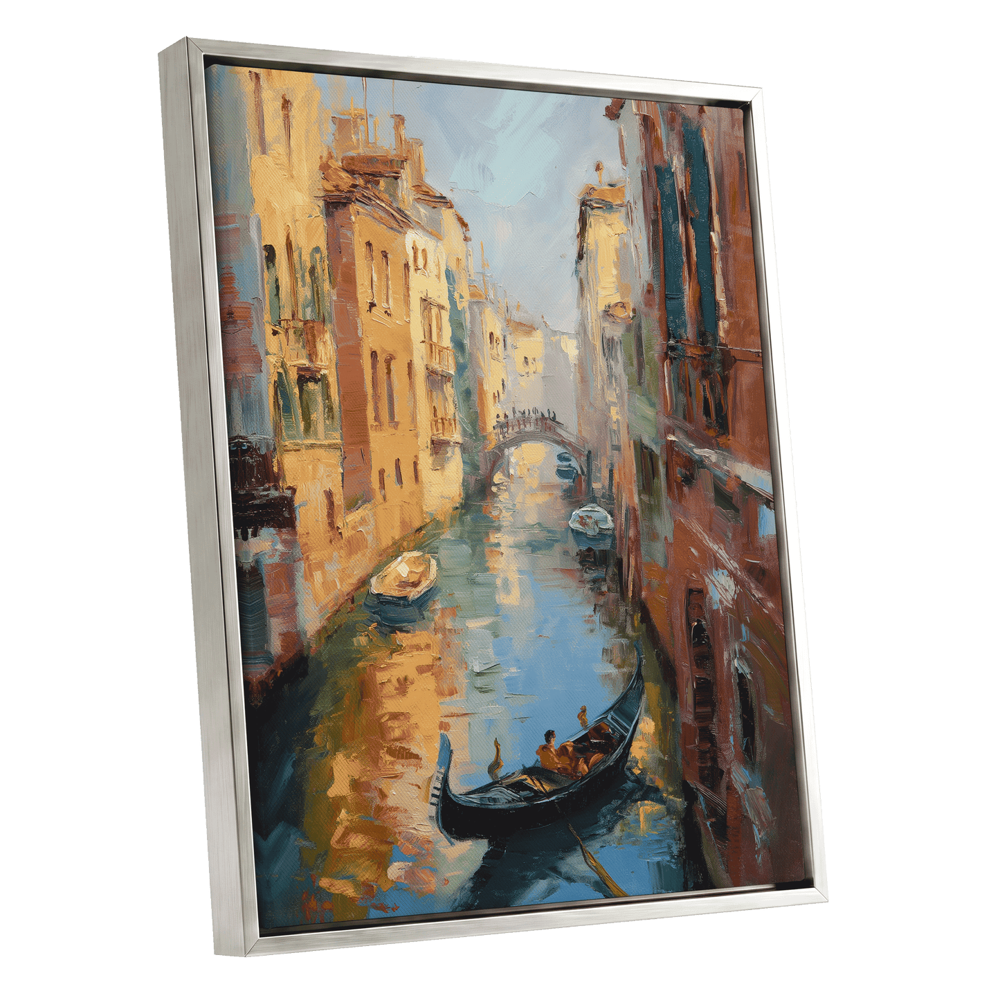Golden Canal Passage, blue, orange, brown abstract wall art shown as a silver framed canvas wall art